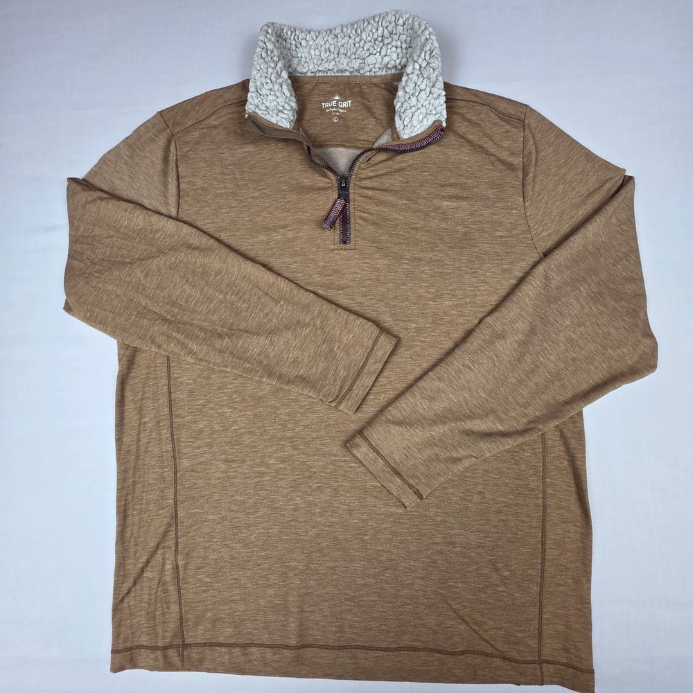 True Grit Sherpa Lined Collar Quarter Zip Pullover Mens L Brown Heathered Top